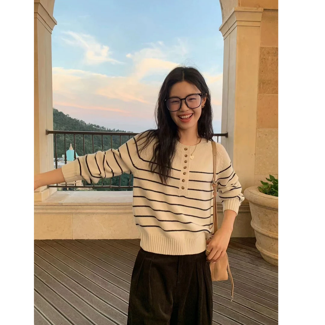 2024秋冬新款韩版条纹拼色宽松时尚休闲百搭圆领套头针织毛衣6278