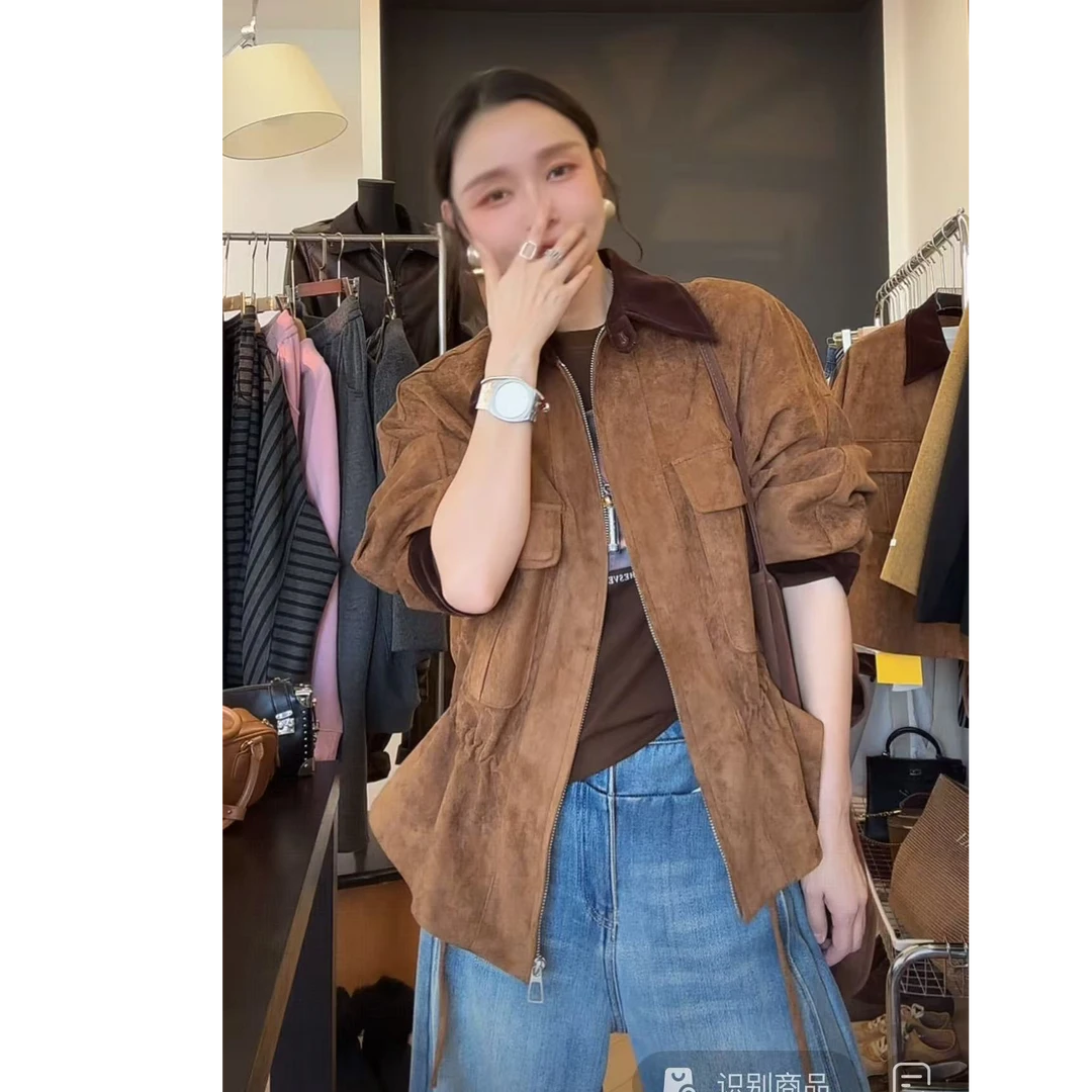 2025秋新款韩版气质拼接PU皮翻领风衣女宽松抽绳显瘦麂皮绒短外套