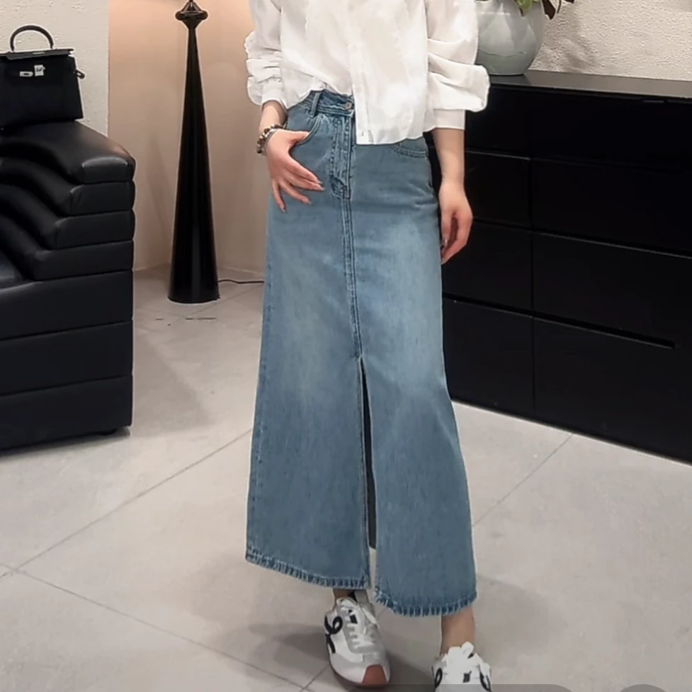 【格子家】韩版高腰牛仔半身裙高腰显瘦百搭开叉裙A775