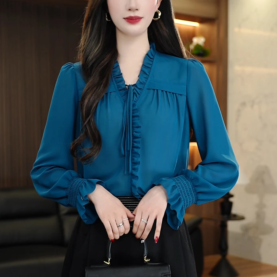 衬衫女长袖2025春季新款时尚减龄高端系带显瘦上衣女