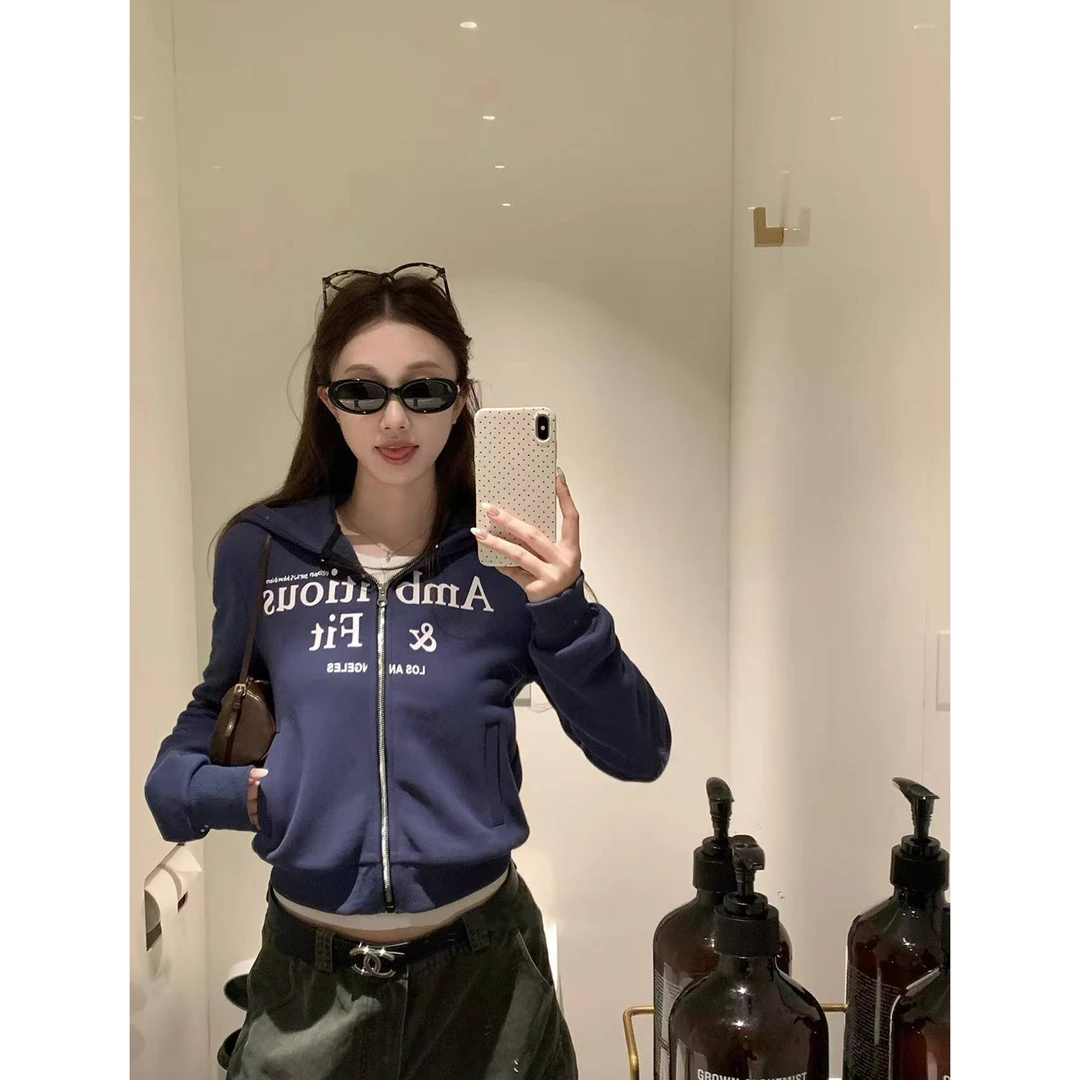 蓝色做旧字母印花拉链帽衫修身短款外套C 9406#