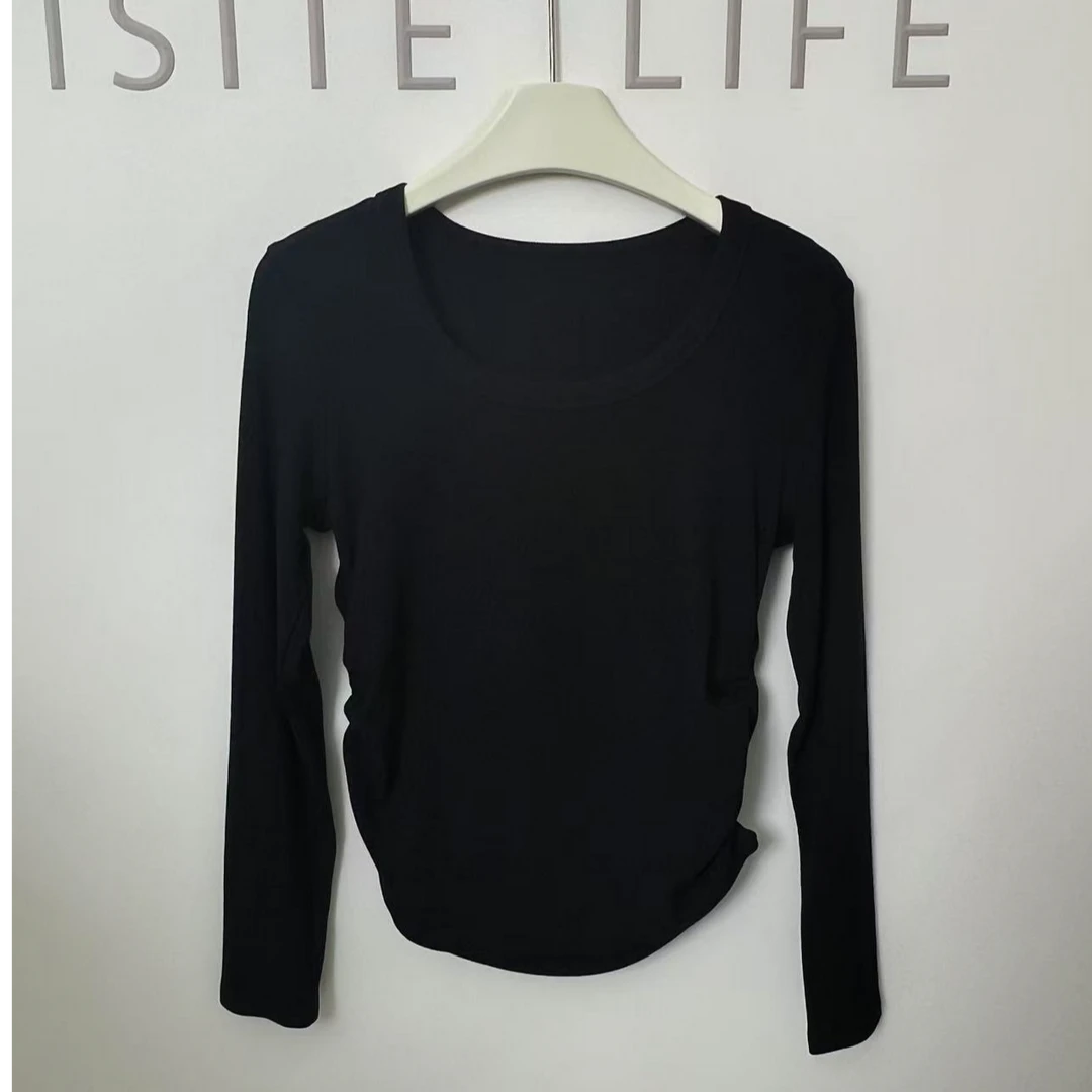 2025春季新款纯色修身侧边褶皱设计T恤女百搭辣妹打底衫上衣