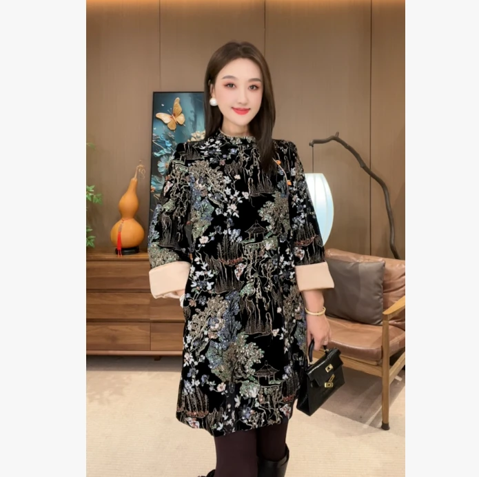 现货【满庭芳】新款满分真丝丝绒新中式重工刺绣亮片连衣裙T206-Y1