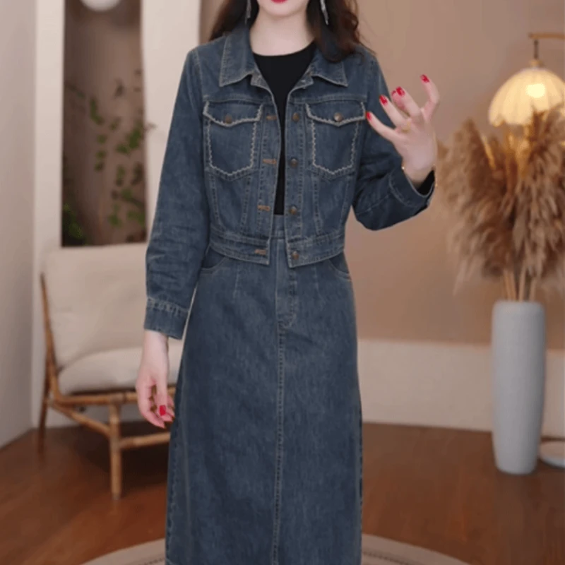 A796【外套+连衣裙】2025早秋新款时尚优雅有气质修身牛仔套装裙