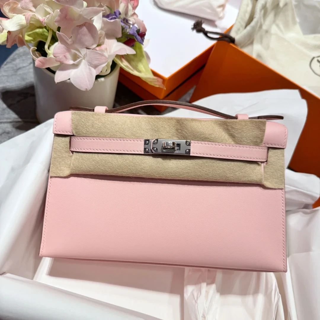 未使用 Hermes/爱马仕 小花6欢 kelly一代 樱花粉 s皮 W刻 银扣包