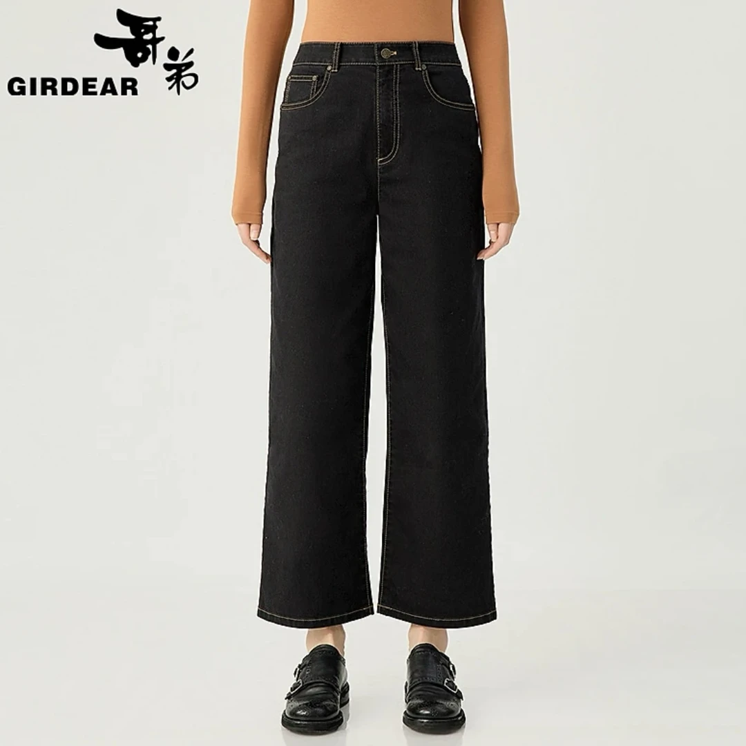 GIRDEAR/哥弟休闲百搭中高腰明线九分直腿小黑裤牛仔裤女裤110005