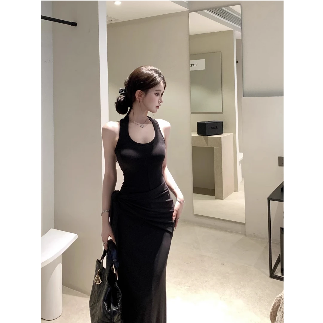 pinkmoon||黑色u领无袖工字背心连衣裙女辣妹收腰修身裙包臀长裙