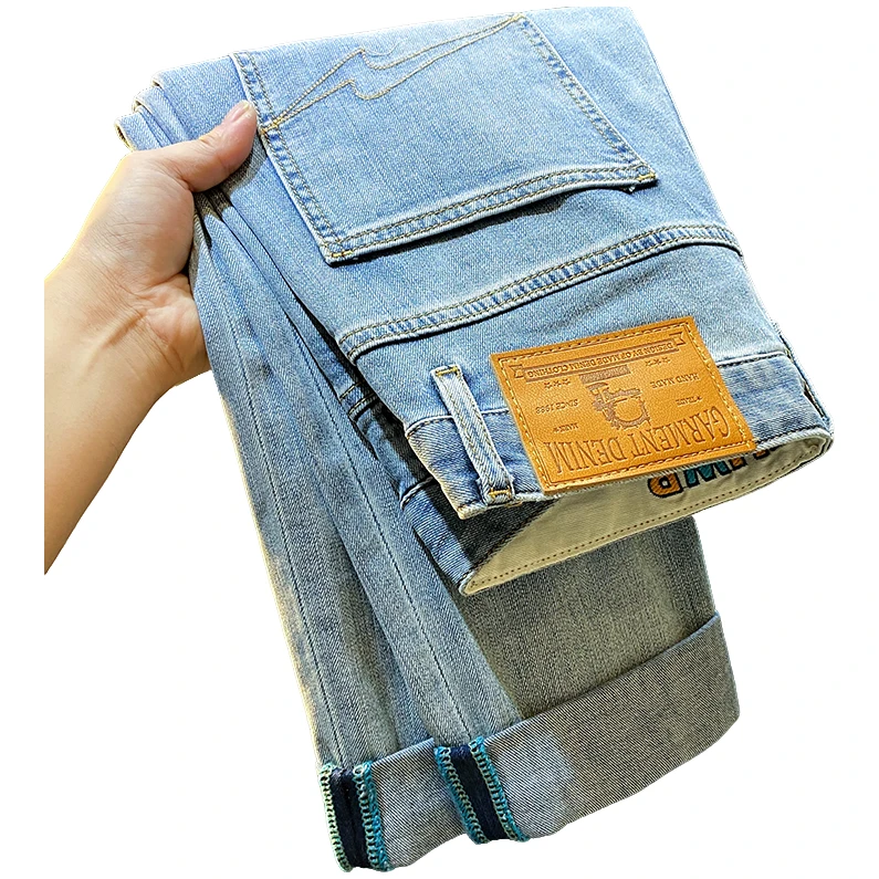 高端莱赛尔天丝牛仔裤男士夏季薄款潮牌小直筒修身小脚休闲长裤子