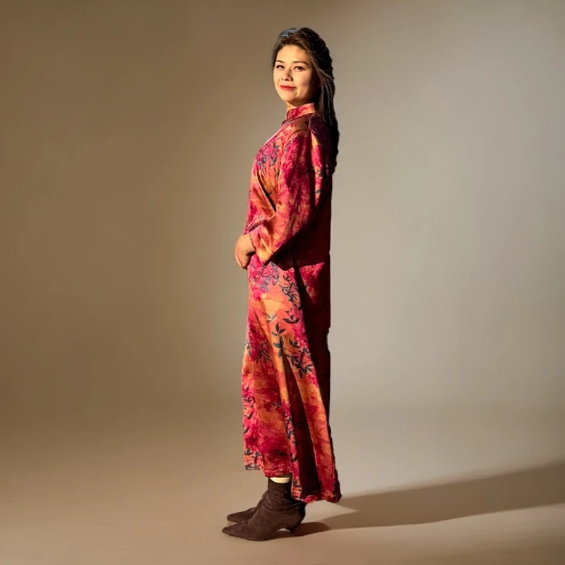 60姆米重缎枫叶同春香云纱连衣裙100桑蚕丝香云纱面料缝制中国风