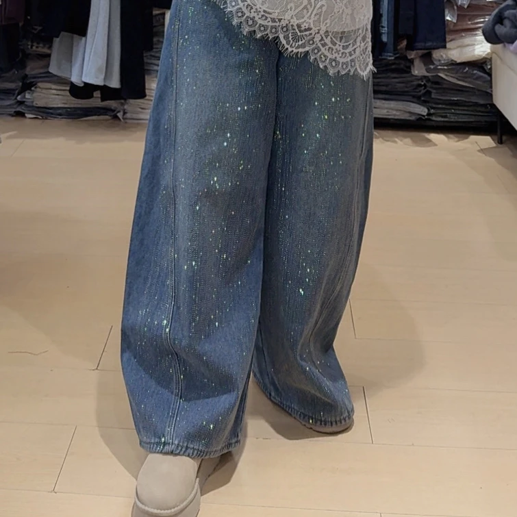 ◆爱豆牛仔~满天星亮闪闪◆冬季新品加肥胖mm宽松弯刀牛仔裤