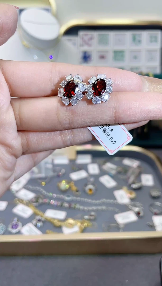 石榴石耳饰银S925镶嵌天然宝石