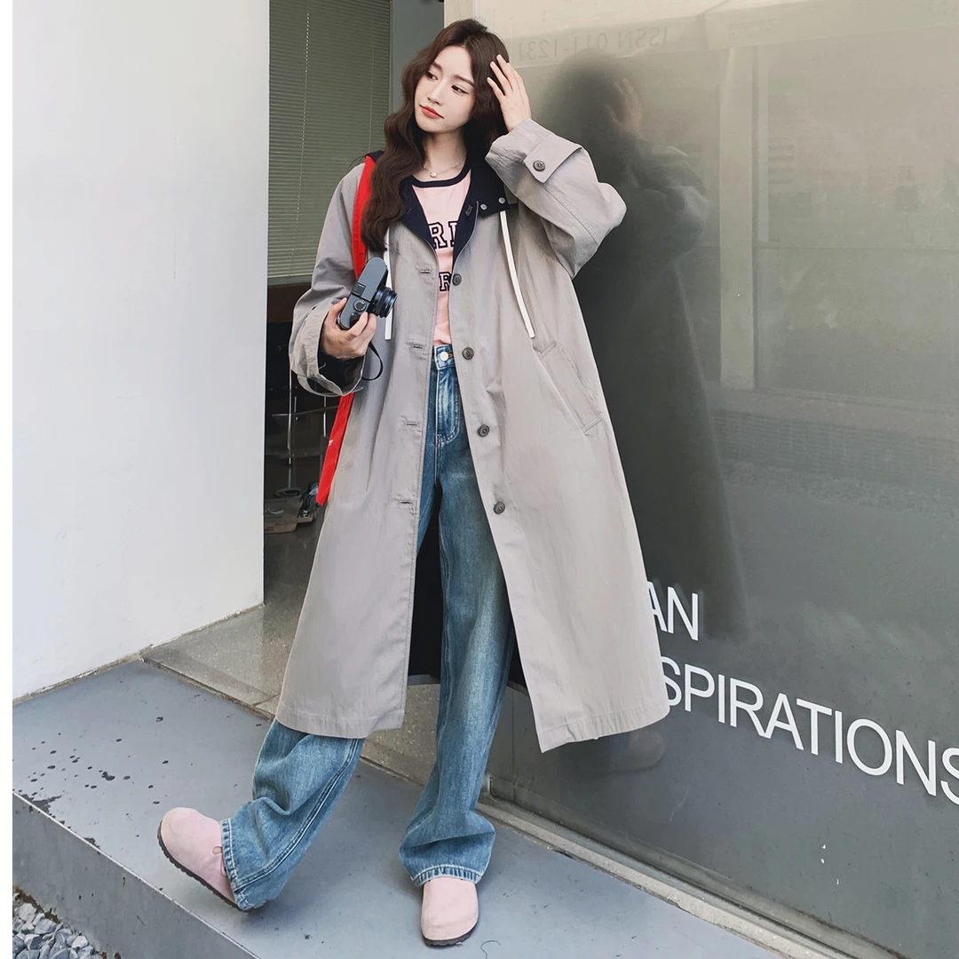 灰色韩版廓形宽松连帽中长款风衣女秋季新款休闲过膝流行爆款外套