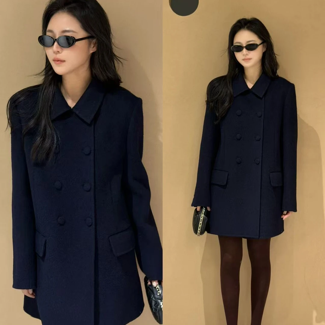 【7SEVEN】双排扣翻定染领中长款宽松双面毛呢大衣女冬季气质外套