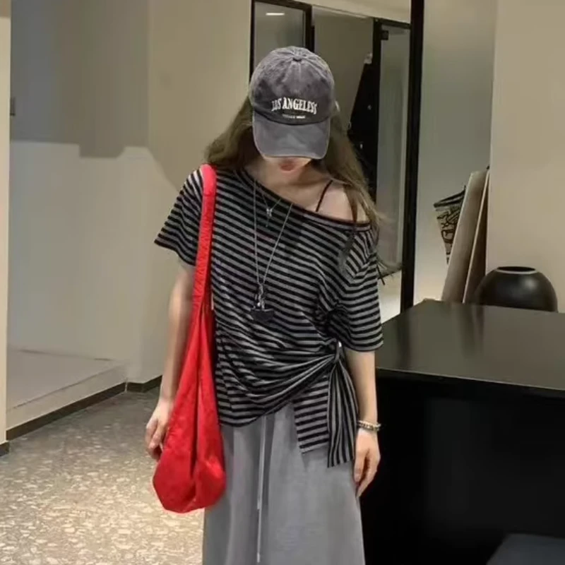 【8895】韩系复古不规则露肩条纹短袖T恤女夏季气质显瘦遮肉上衣