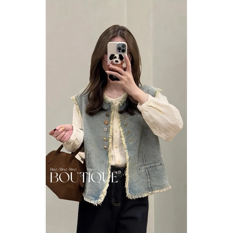 秋季一整套女雅丹风流苏牛仔马甲提花衬衫搭配牛仔裤显瘦三件套女