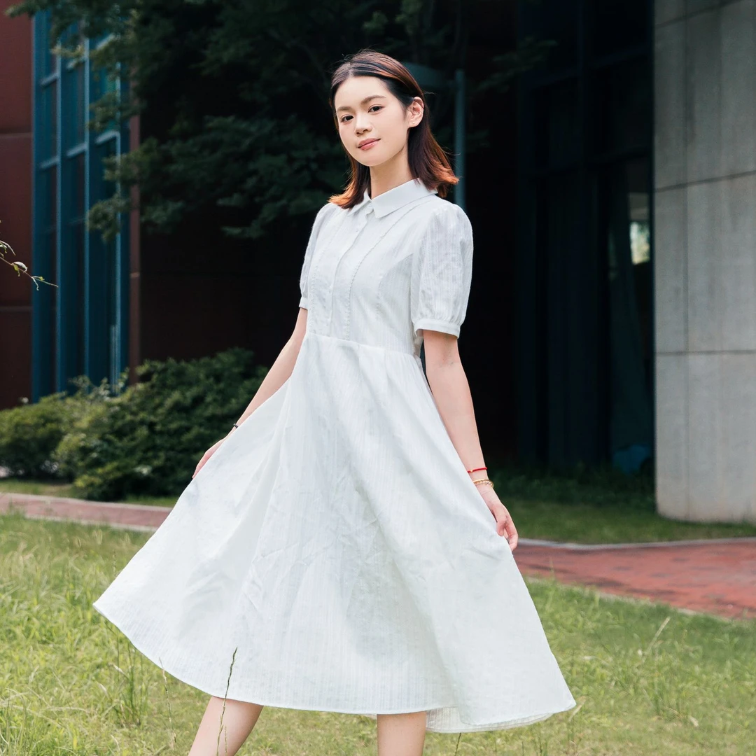 娃娃领长裙高腰连衣裙四季通用短袖A字裙夏季青少女学生装白色