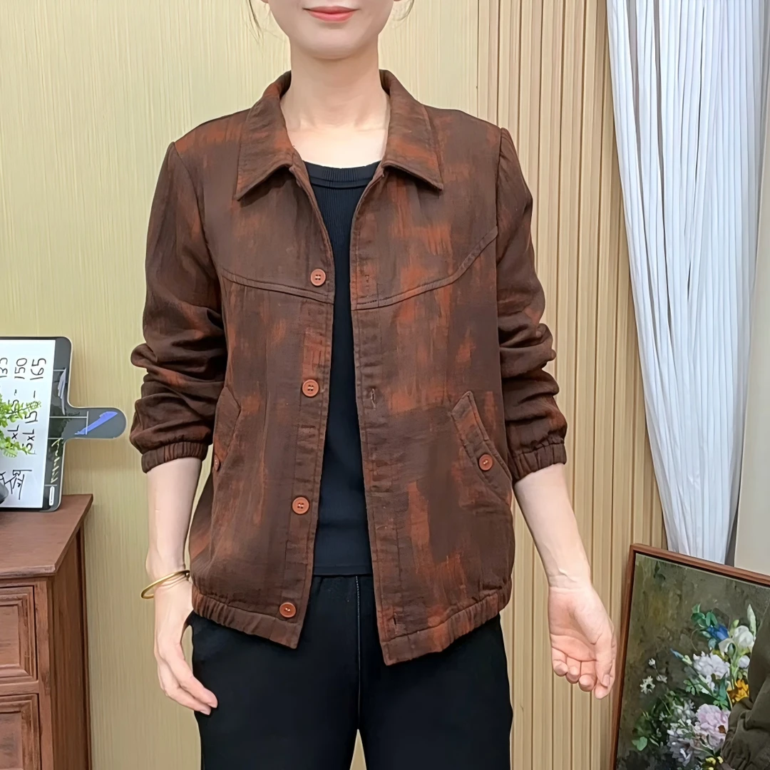 2025秋季新款双层棉翻领女上衣时尚百搭妈妈装宽松减龄