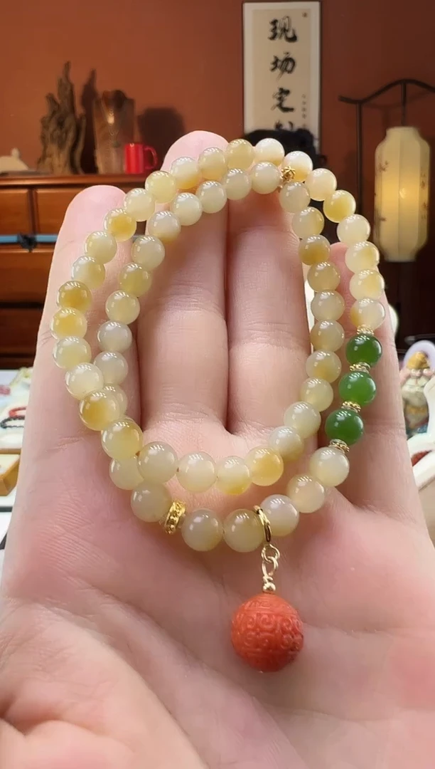 【闪购商品】和田玉（糖玉）手串18K金镶嵌糖白双圈6mm