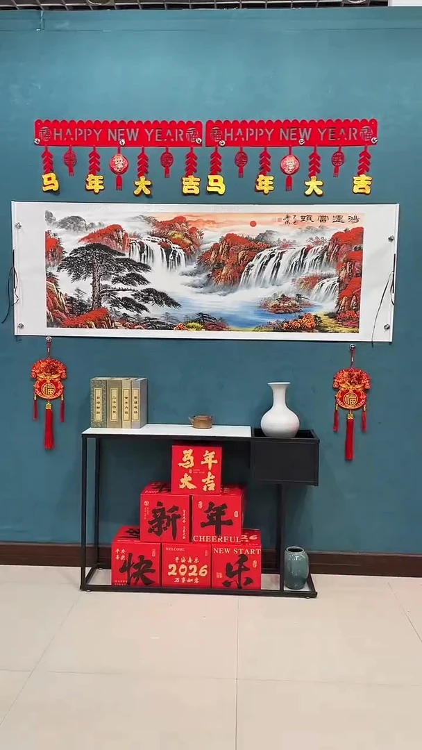 国画田老师手绘《鸿运当头迎客松山水》70*200厘米卷轴软裱