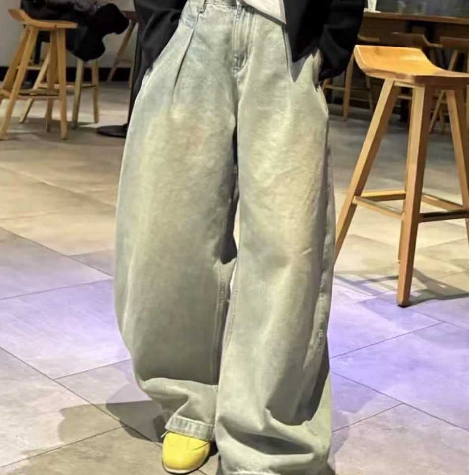 /苗苗家/『牛仔-火』美式高街水洗磨白廓形宽松阔腿拖地裤