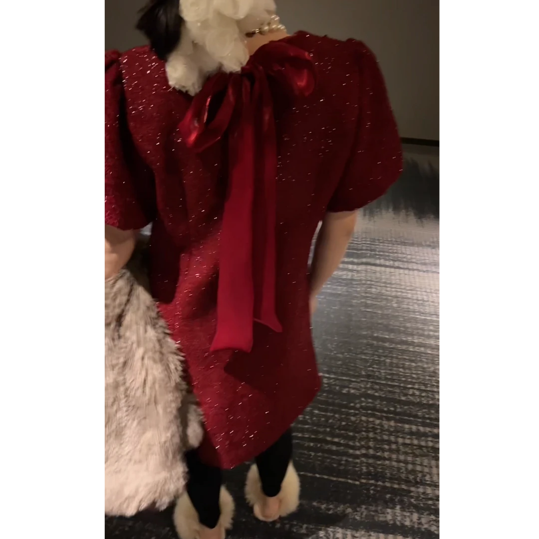 十三行后背蝴蝶结闪闪裙设计冬季新品中长款加厚短袖A字裙