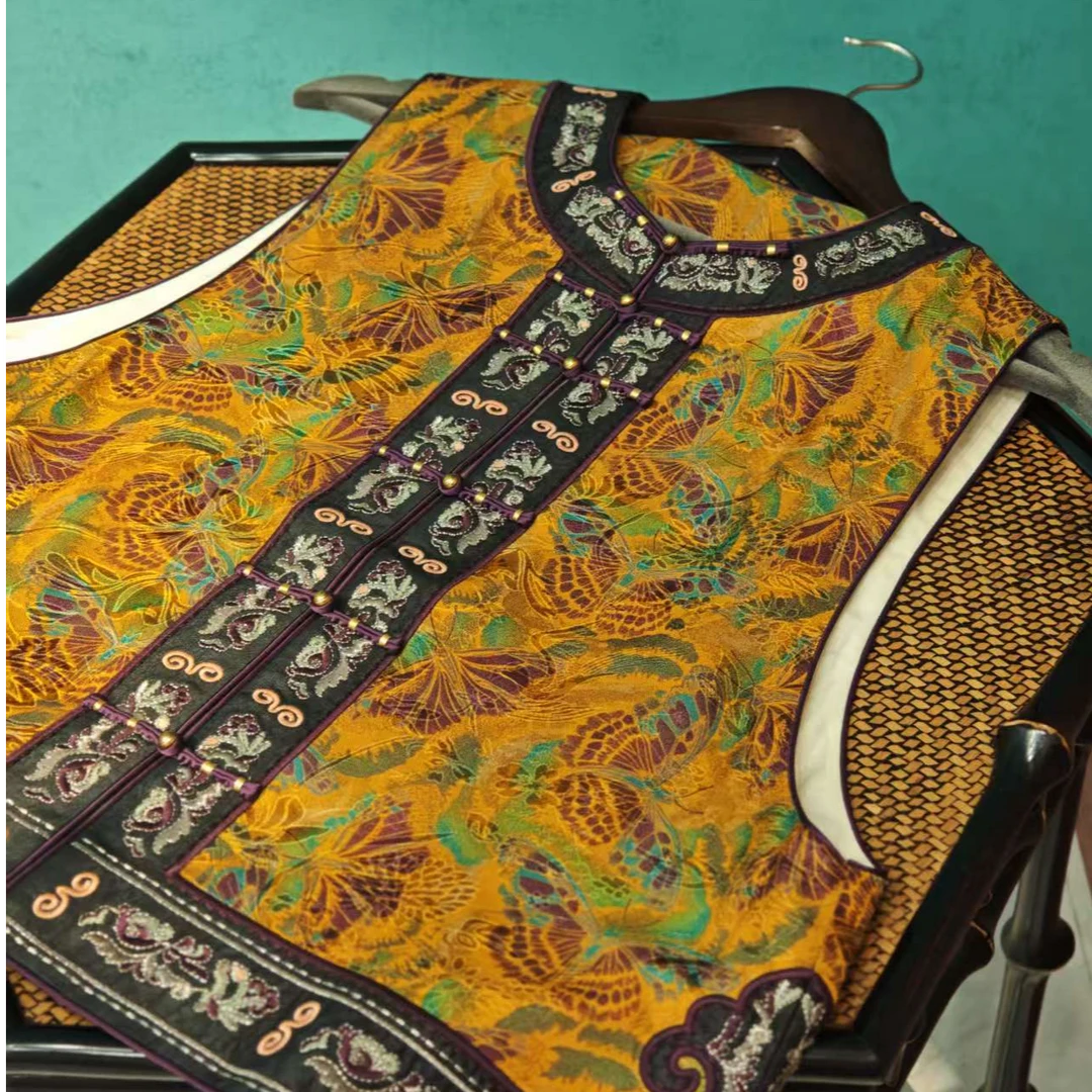 香云纱时尚马甲气质古典蝴蝶对襟国风中式民族风无袖复古黄色印花