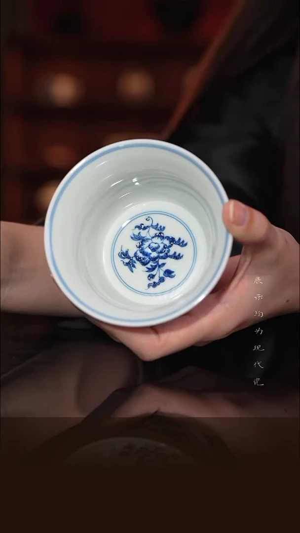 小古珍藏-纯手工手绘海浪双圈-盖碗