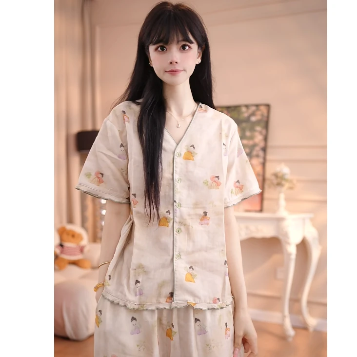 【绿边仕女图】 甜美棉夏天薄款舒适纯棉纯棉休闲WQN