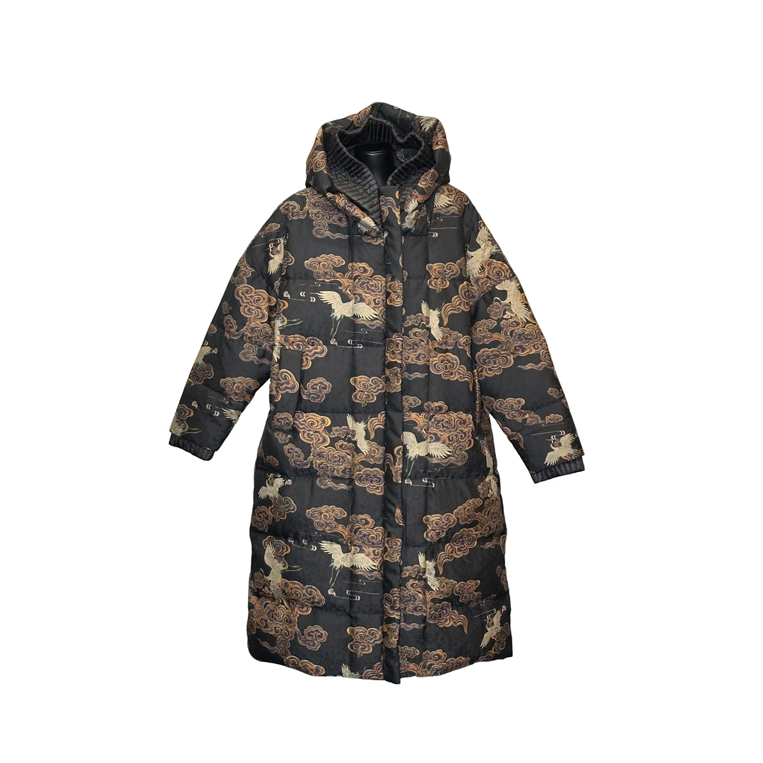 「利琪高订」国风秋冬保暖夹白鸭的绒时尚连帽长款风衣外套A7093