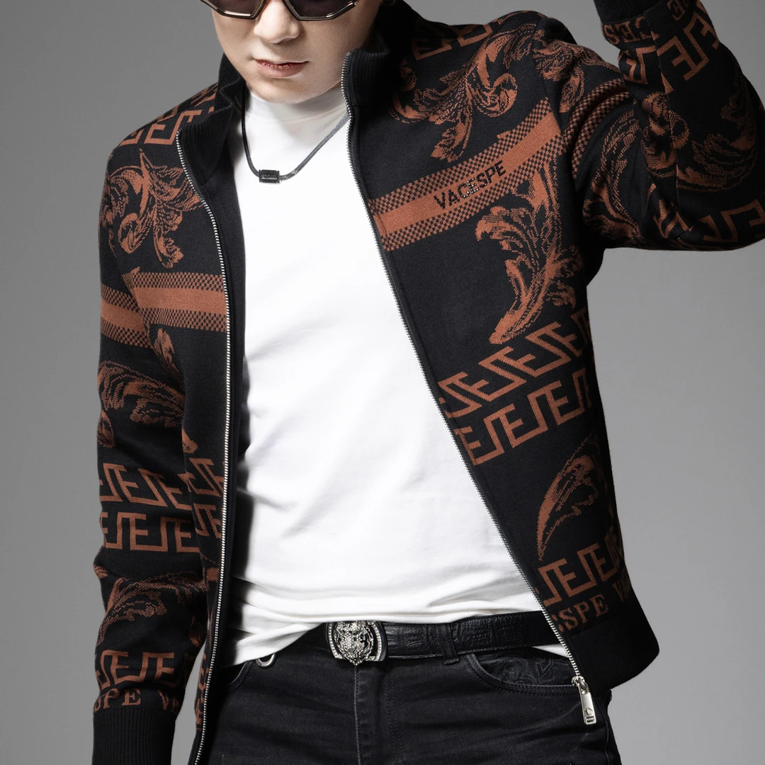 曼德西比利高级感提花针织男士外套2025冬季新款保暖夹克上衣男装