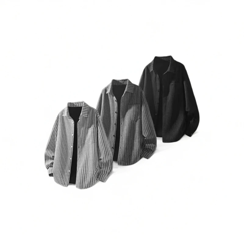 男士美式痞帅重磅鱼骨纹翻领衬衫春秋季高级感时尚休闲夹克外套