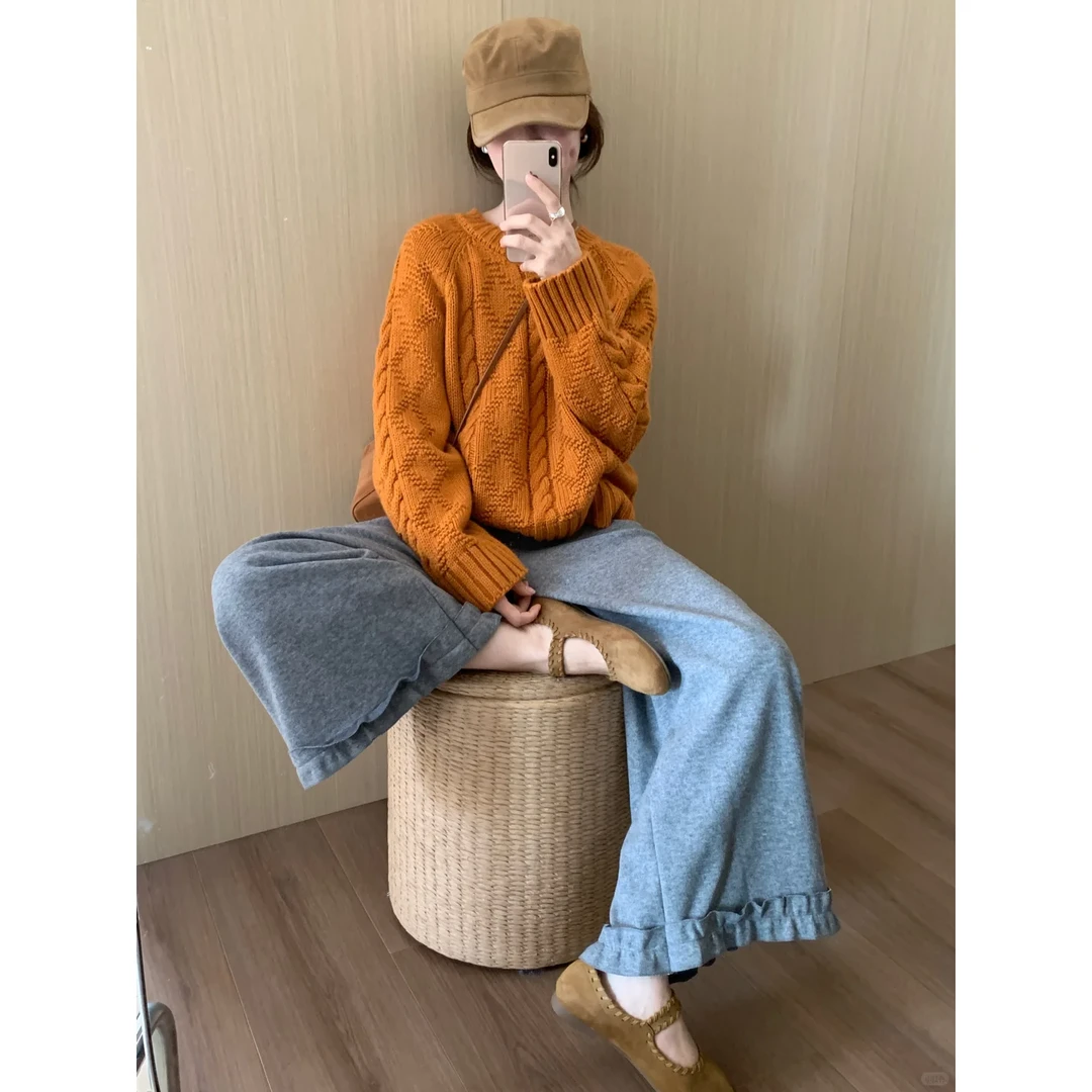 甜美气质麻花套头毛衣2025秋季新款韩版休闲宽松针织衫裤子套装