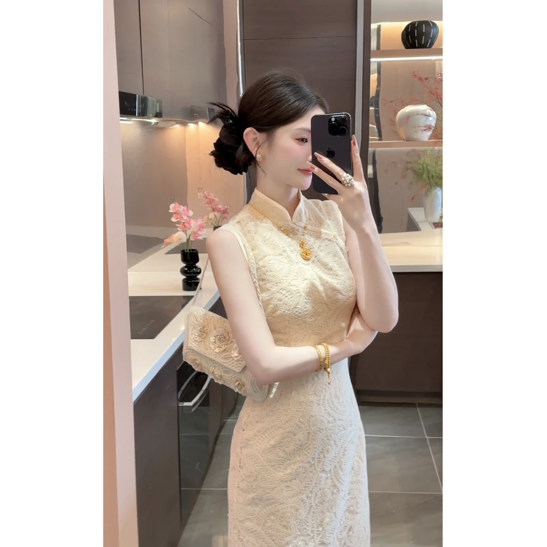 【周粥】【白莲】2025新款新中式复古蕾丝立领修身旗袍预JJC5LYQ5366