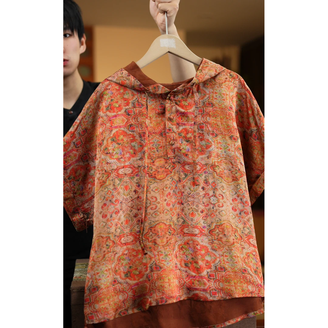 <<非遗美学>>时尚减龄真丝连帽上衣1183