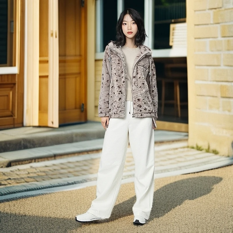 彤依女士时尚百搭中长保暖休闲情侣宽松连帽印花毛外套9907