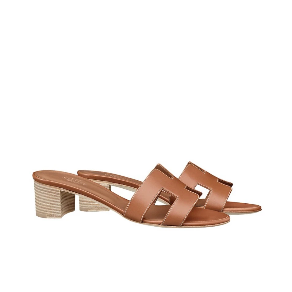 未使用 Hermes/爱马仕 小花6枫Oasis 牛皮 粗跟 H凉拖 金棕色