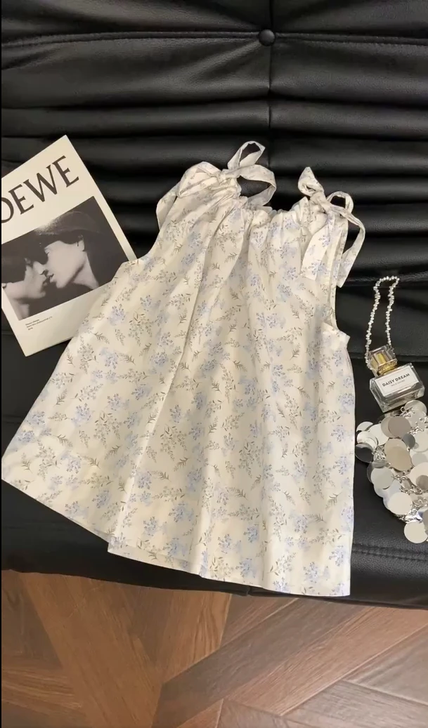 2025夏季新款日系清新碎花无袖绑带背心无袖显瘦女显瘦法式上衣女