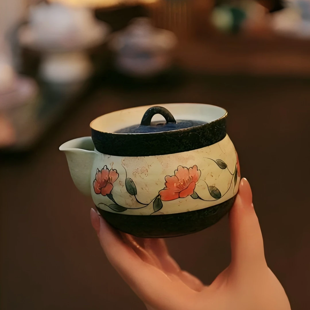 缠枝玉茗青花焦糖釉全手绘釉下彩青云茶斋陶瓷茶具手抓壶