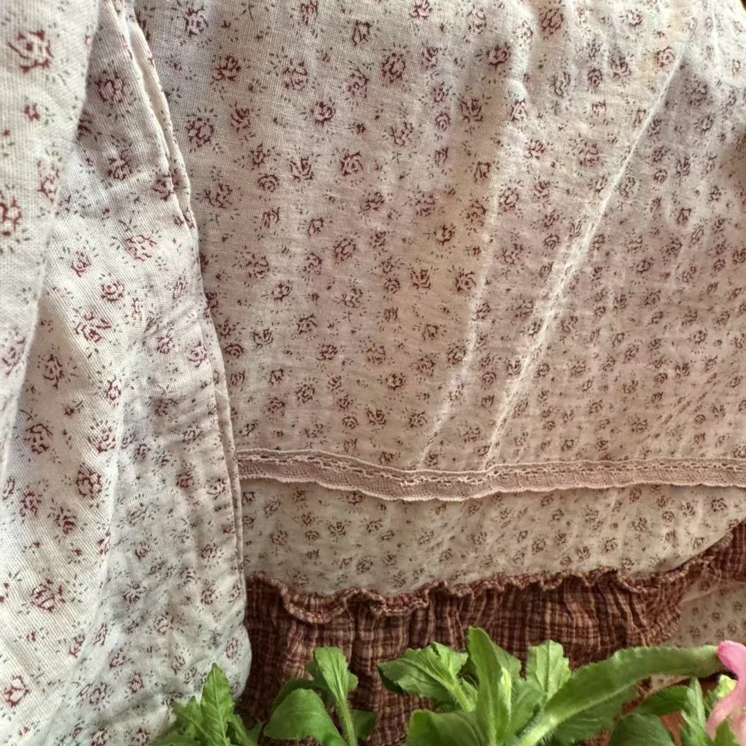 法式荷叶边碎花拼接色织格双层纱纯棉四件套