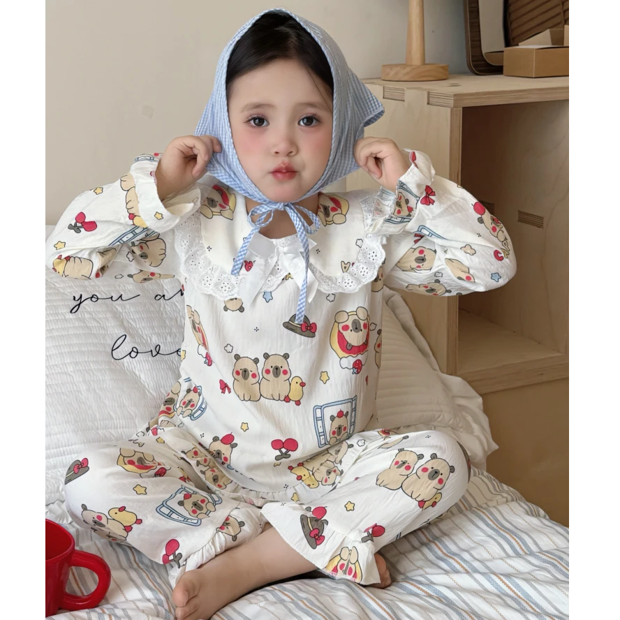 儿童家居服套装睡衣女中大小童春秋季蕾丝花边卡通可爱公主风长袖