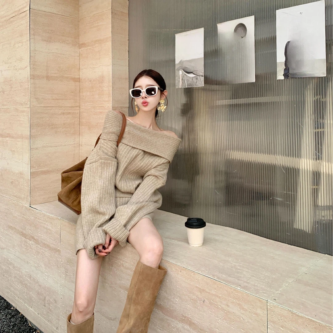 一字肩宽松慵懒长袖毛衣针织衫女秋季辣妹套装休闲直筒短裤两件套