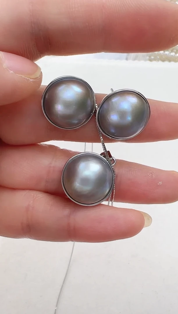 【闪购商品】拼合珍珠（马贝珠）耳饰银S925镶嵌灰色光板套装