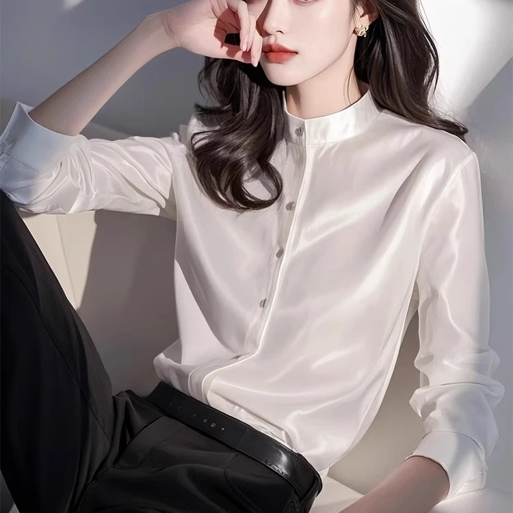 2025春季新款职业女装高级感通勤气质超好看白色立领长袖衬衫上衣