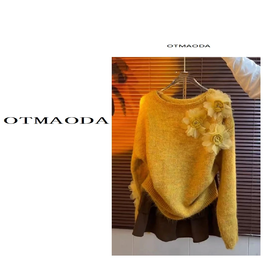 【南瓜定制】N2019-新款针织花朵常规百搭女毛针织衫显瘦设计师款