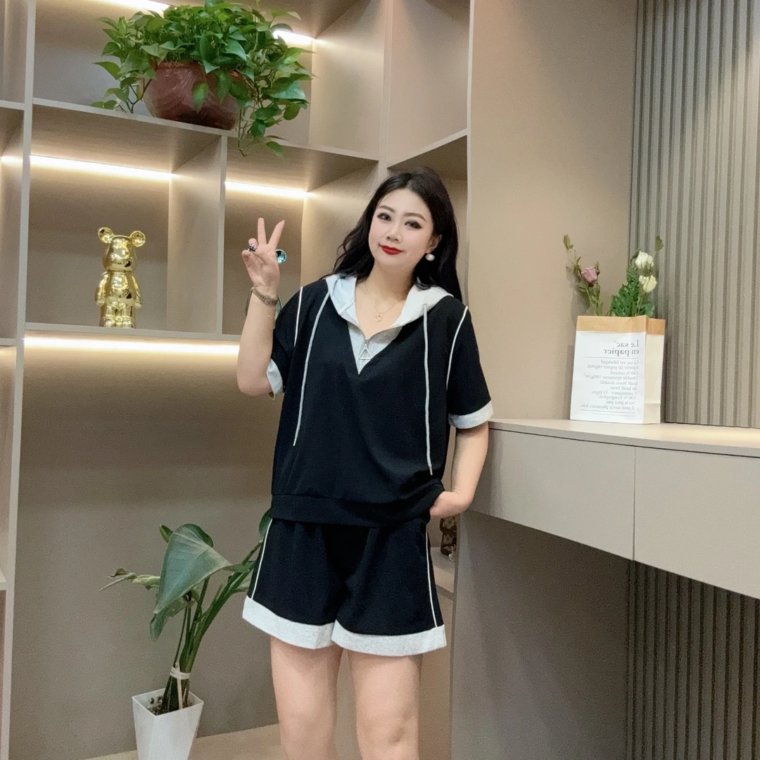 夏季短裤套装-玲 8068夏季洋气休闲版假两件连帽胖MM大码女装新款