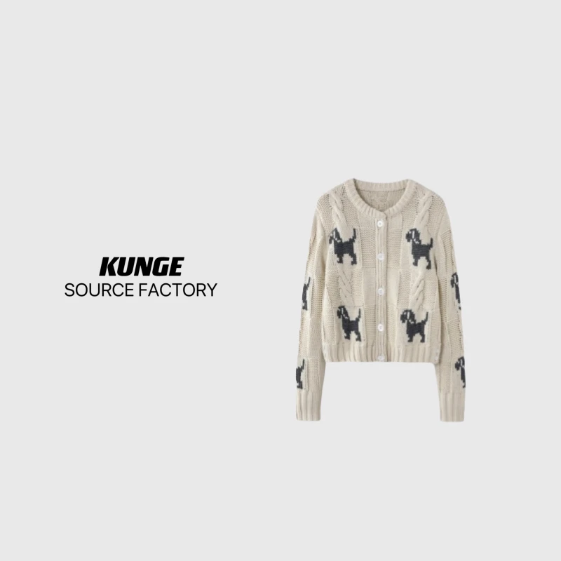 KUNGE-时尚休闲女士粗针钩花腊肠狗圆领长袖短款毛衣外套-6086