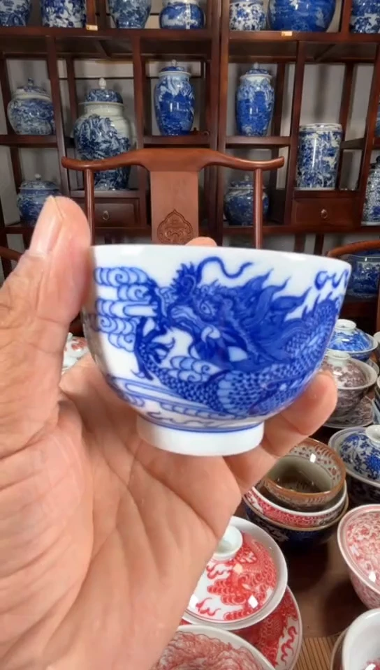 柴窑青花龙凤杯杯