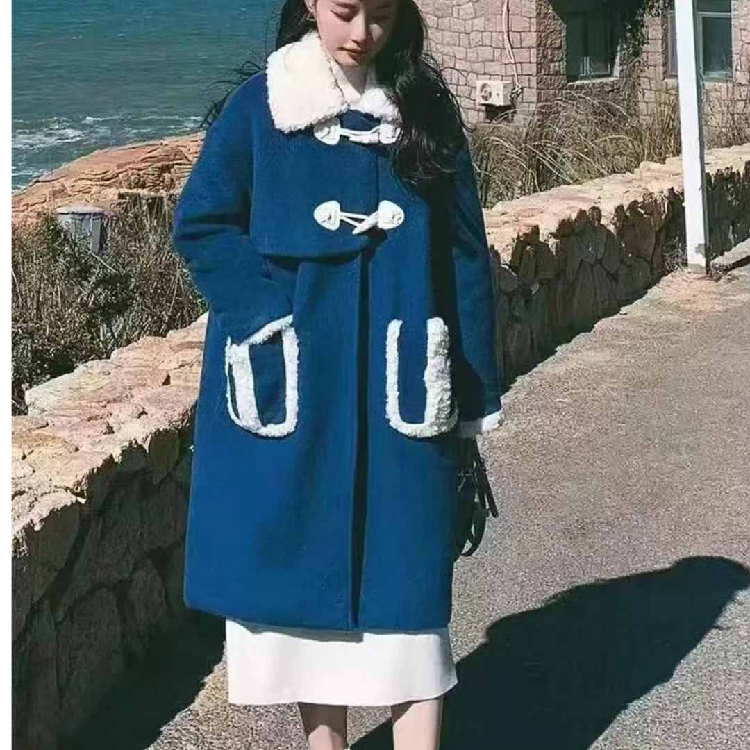 冬季时尚韩版拼接牛角扣蓝色大衣