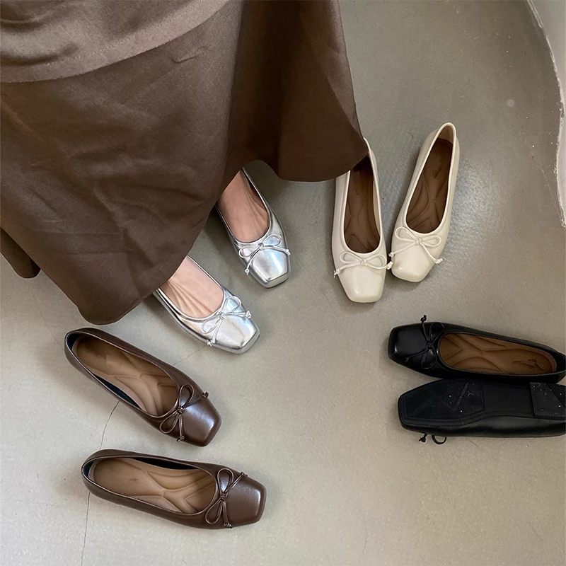 仙女风平底单鞋女2025春季新款蝴蝶结方头平底单鞋银色浅口豆豆鞋