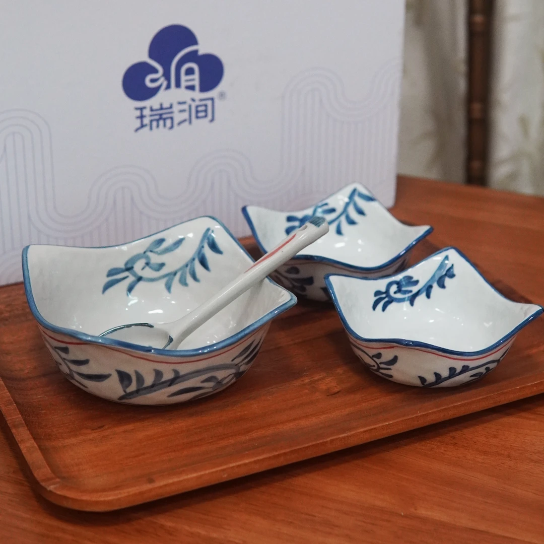RIGEIAN/瑞涧【四角碗一人食】唐草套组家用新中式陶瓷手绘高温